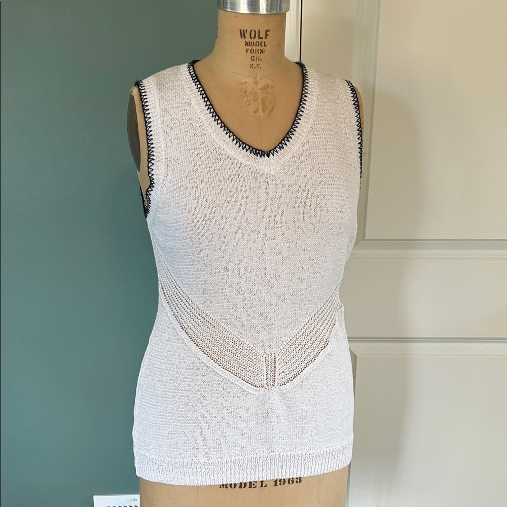 Ost White Knit Tunic Sweater Top with Black Trim
